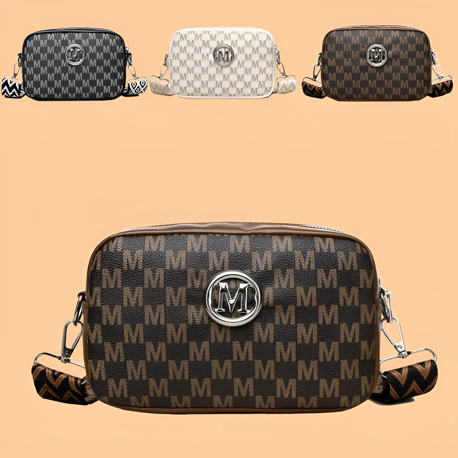 Crossbody bag with wide shoulder strap showing three-dimensional front pocket organisation