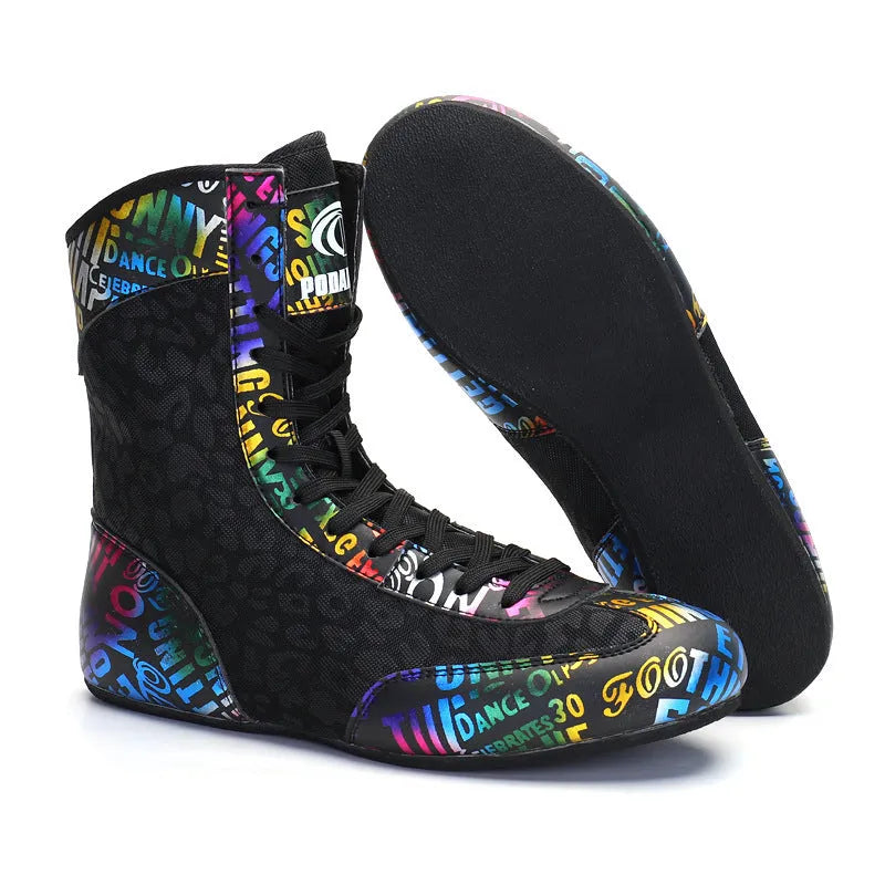 High-top combat training wrestling shoes with soft rubber soles in black gold colour