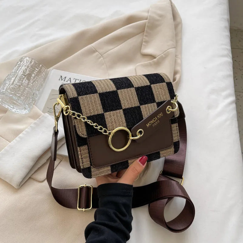 Fashion one-shoulder women's crossbody bag in woven fabric, 19x15x8.5cm, available in black, brown, and coffee