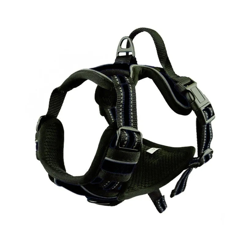 Adjustable dog chest strap harness in Oxford cloth, shown in various colours and sizes.