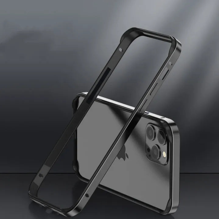 Straight edge aluminum alloy phone case with four-corner drop-resistant frame, in black, on a clean background