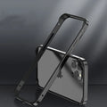 Straight edge aluminum alloy phone case with four-corner drop-resistant frame, in black, on a clean background