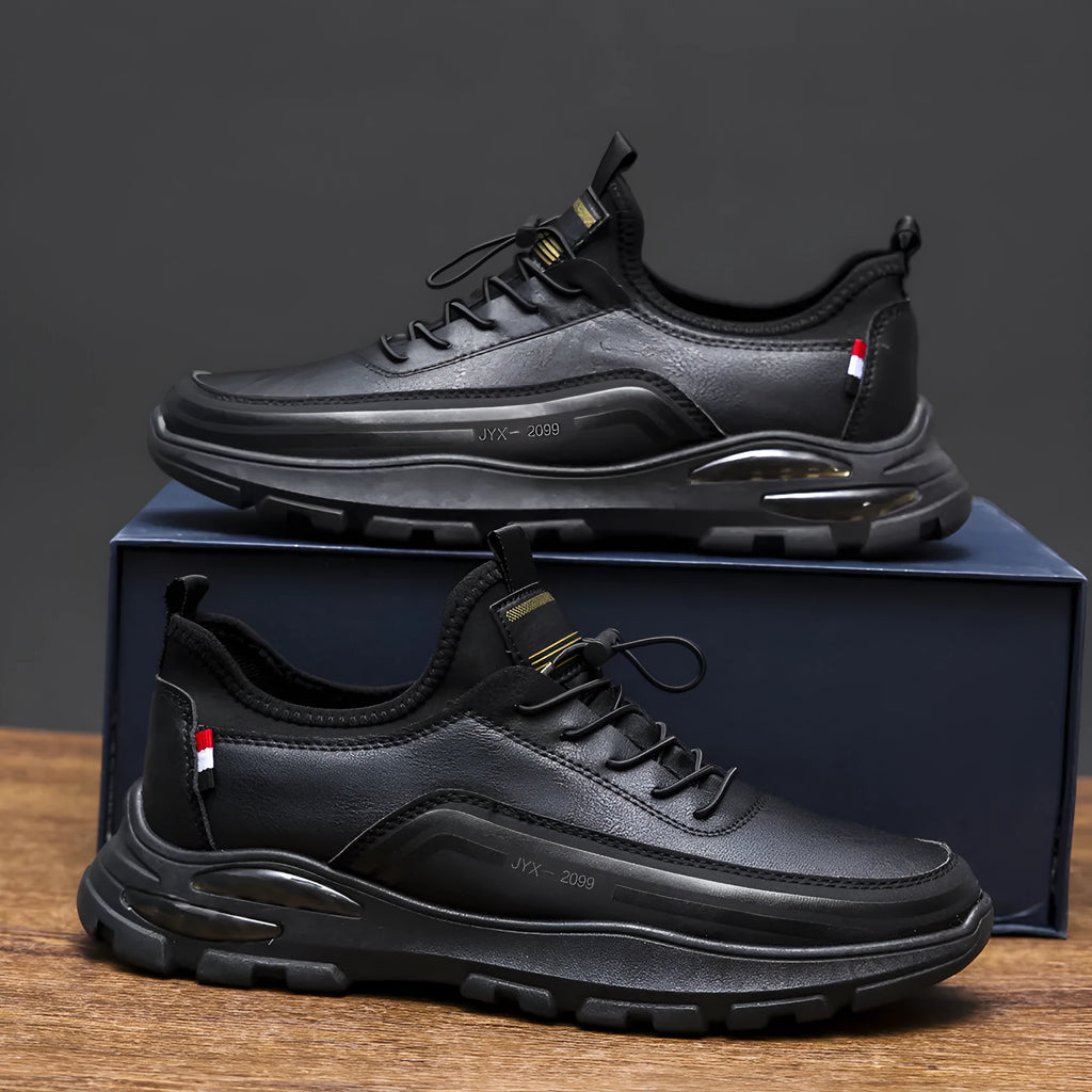 Men's black fleece-lined waterproof sneakers with synthetic leather upper and rubber sole
