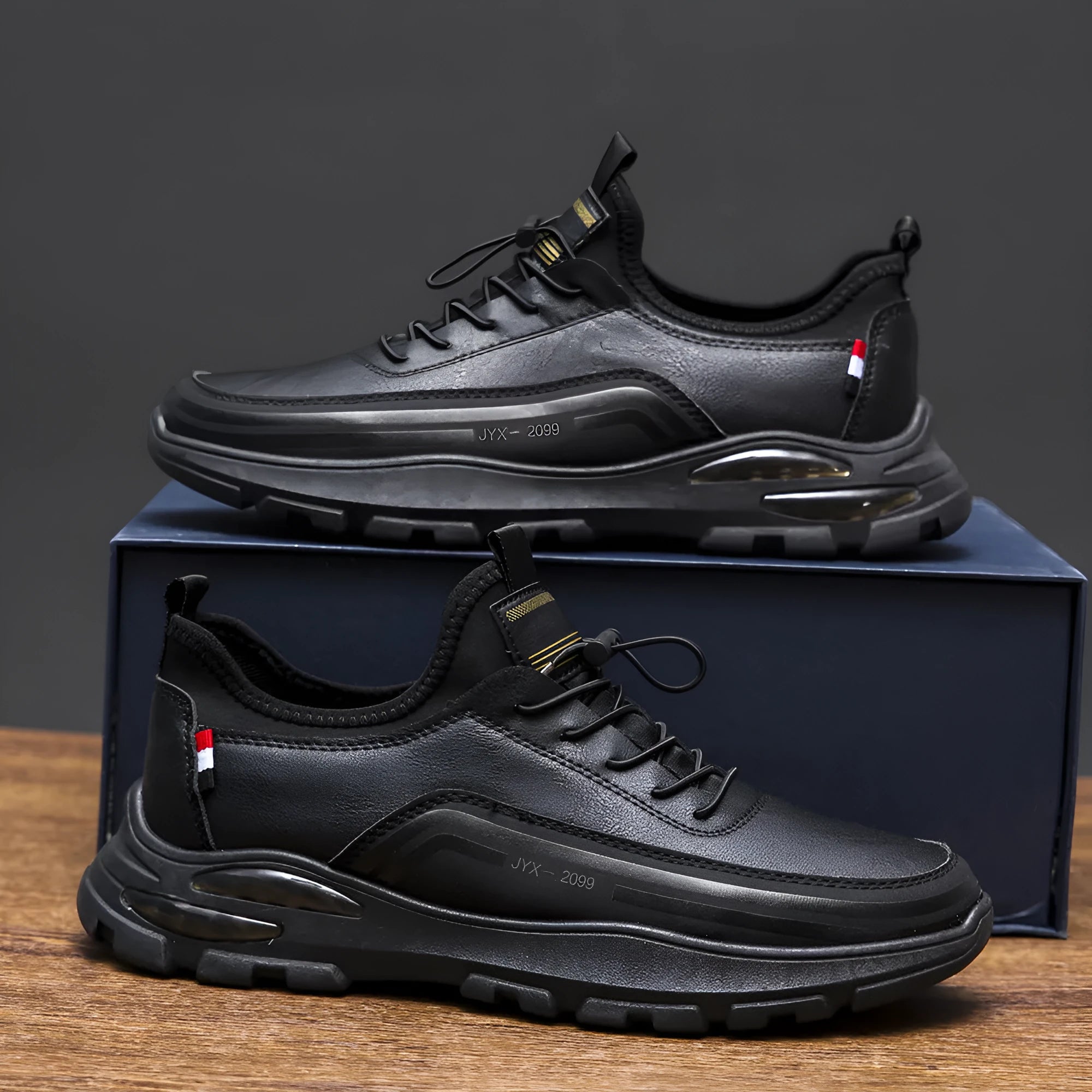 Men's black fleece-lined waterproof sneakers with synthetic leather upper and rubber sole