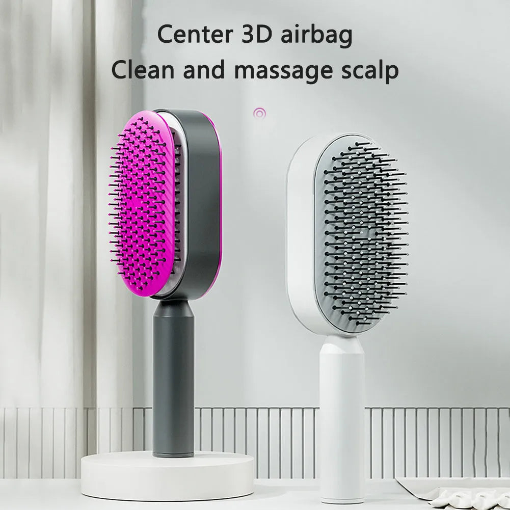 Self-cleaning hair brush with air cushion design and one-key cleaning function in various colour options