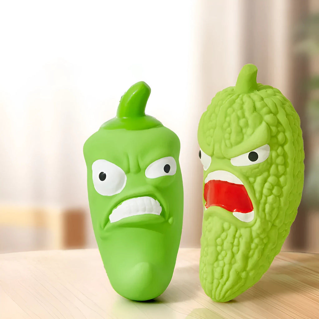 Interactive dog chew toy with pet sounds in bitter gourd or chili shape for teeth grinding