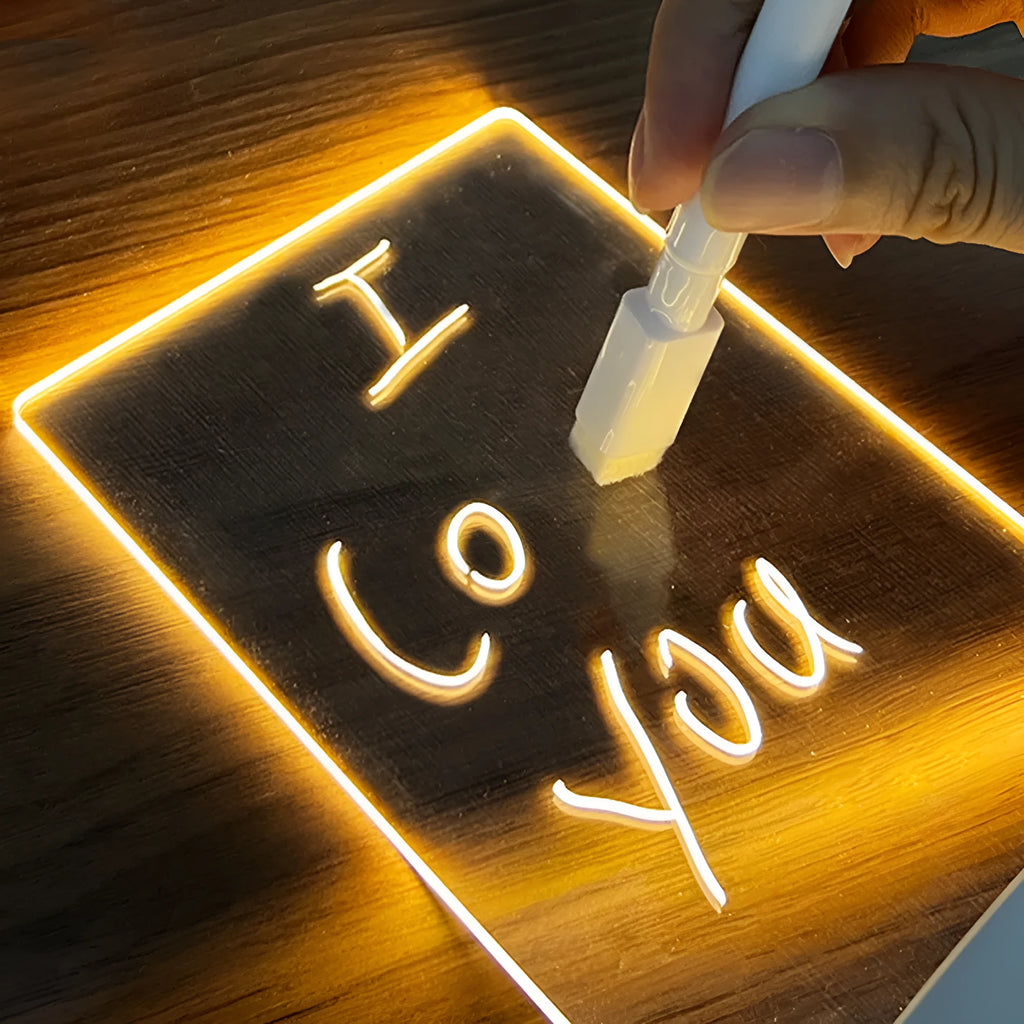 Creative LED USB message board night lamp with warm light, acrylic surface, and pen for writing messages