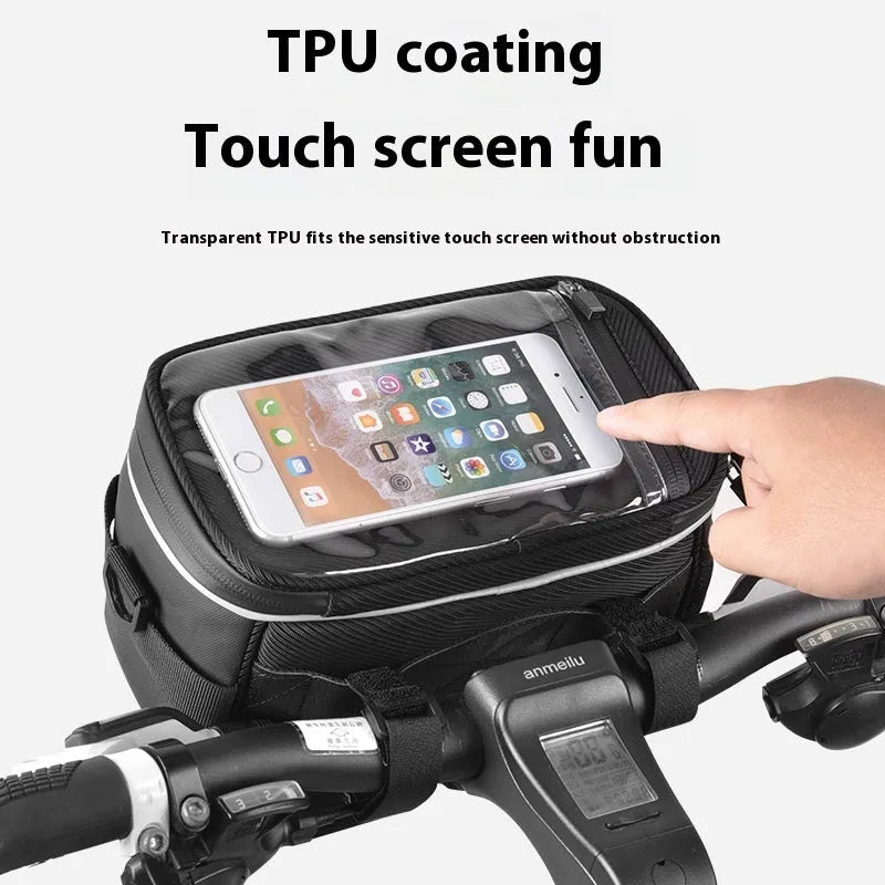 Black folding bicycle bag with hanging strap attached to handlebars