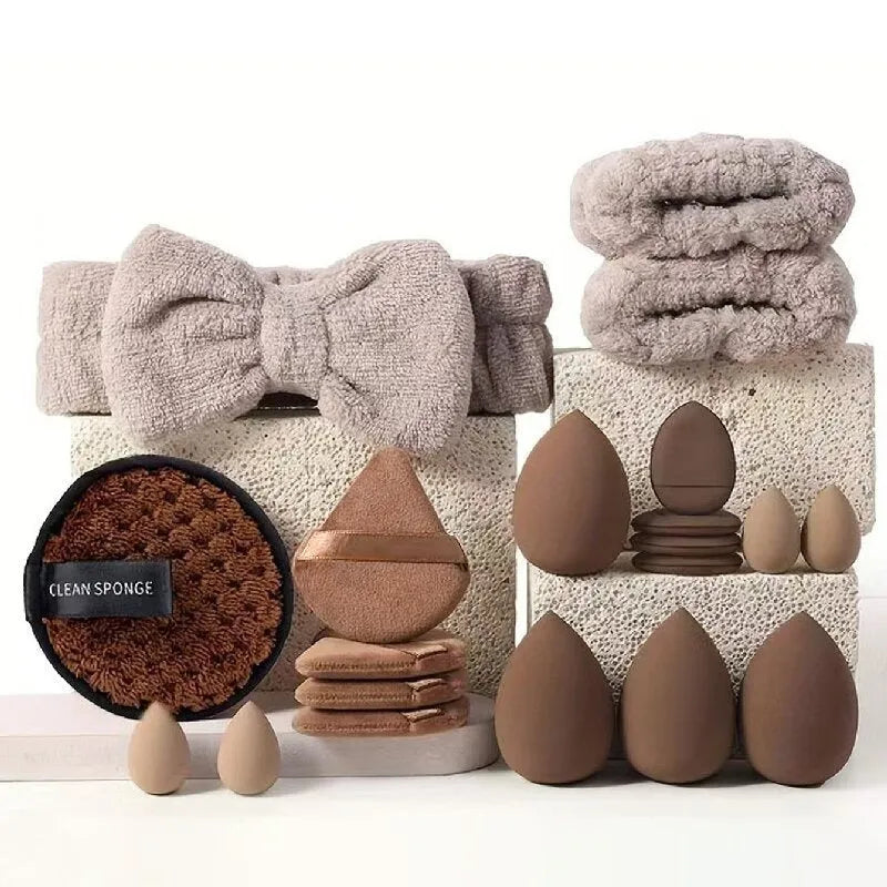 40-piece makeup tool set with beauty blender sponges and soft sponge puffs in coffee brown, pink, and purple