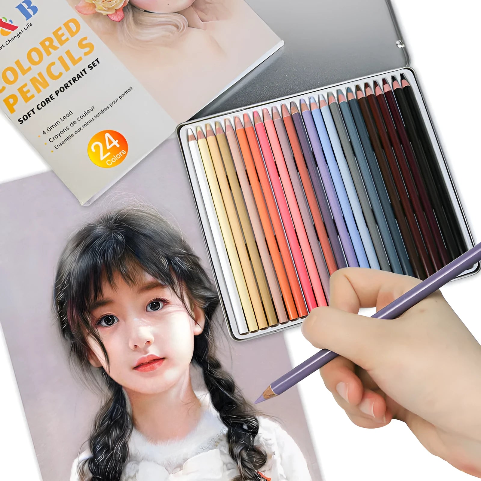 Set of 24 skin colour pencils for portrait art in a round iron tin case.
