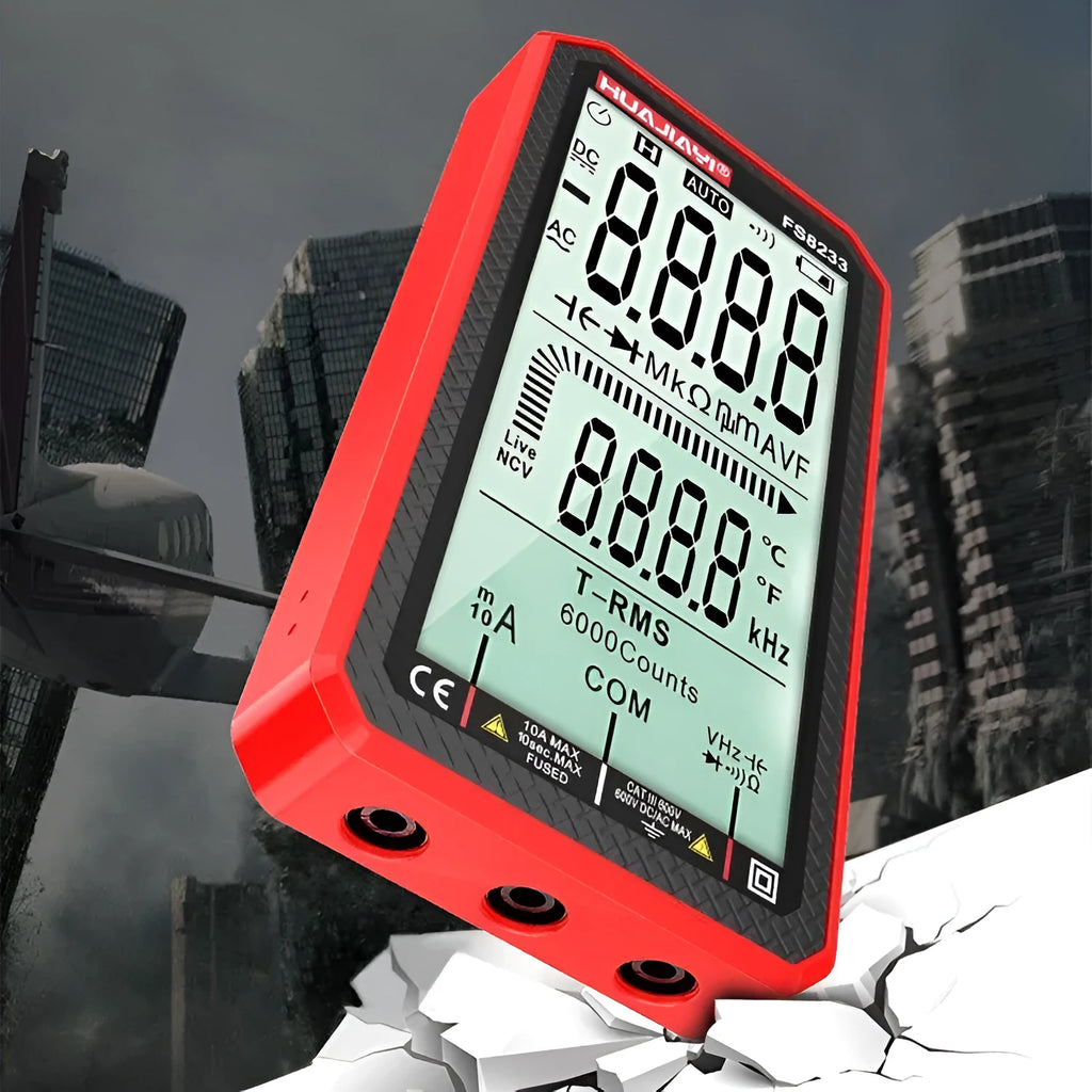 Large screen digital handheld multimeter showing measurement display with automatic functionality