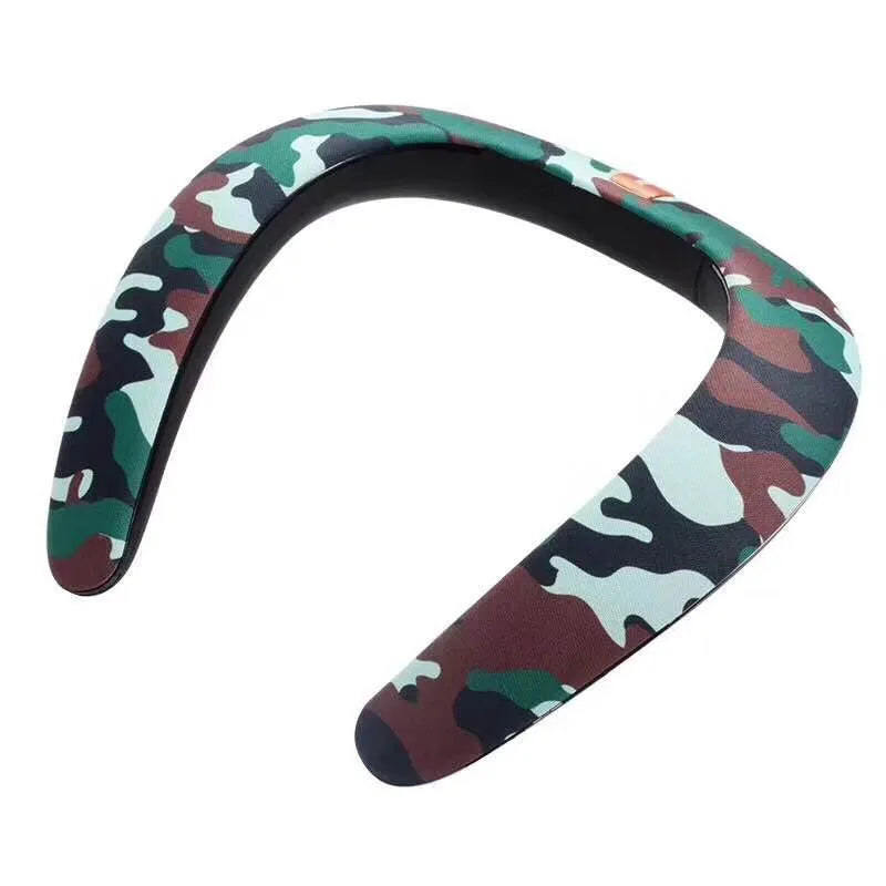 Blue neck-mounted U-shaped Bluetooth sports speaker worn around neck for hands-free audio during running