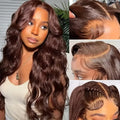 Women's long curly dark brown front lace wig with side bangs style