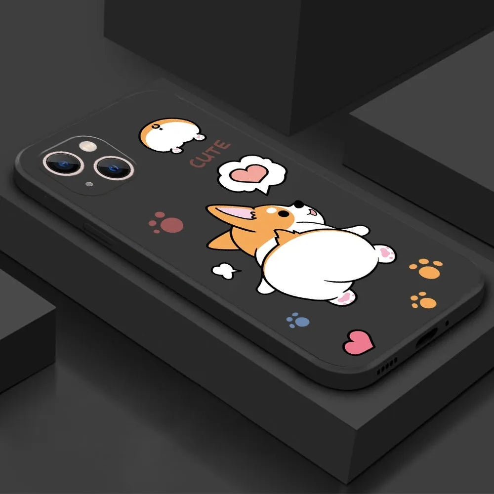 Corgi cartoon TPU phone case in classic black colour, shockproof anti-fall design for iPhone.