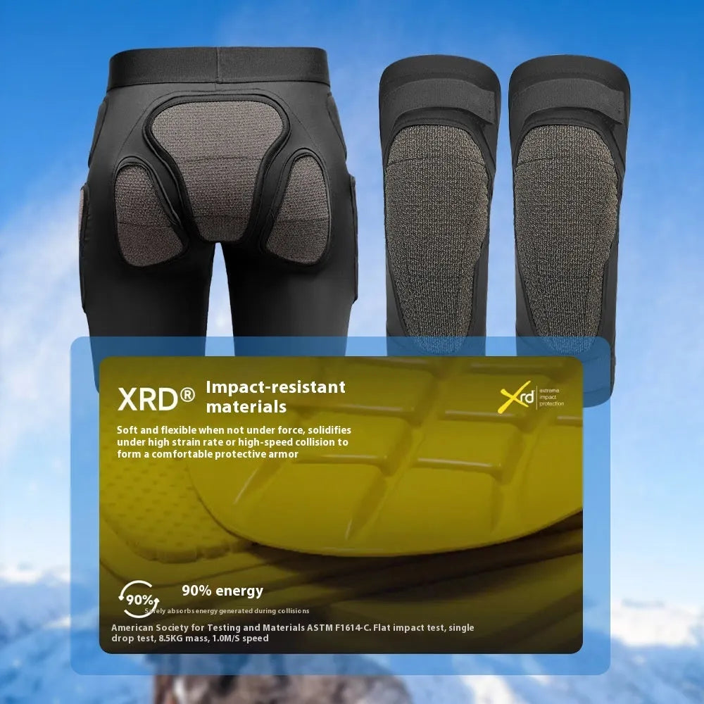 X-ray diffraction ski protective gear set showing one pair of hip pads and one pair of knee pads.