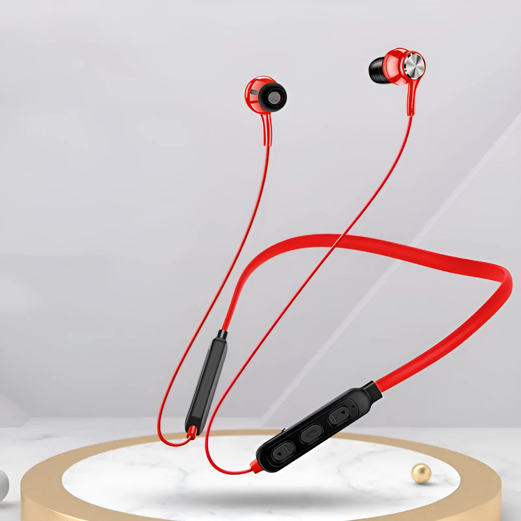 G03 black neckband sports Bluetooth earphones with earpieces and USB cable.