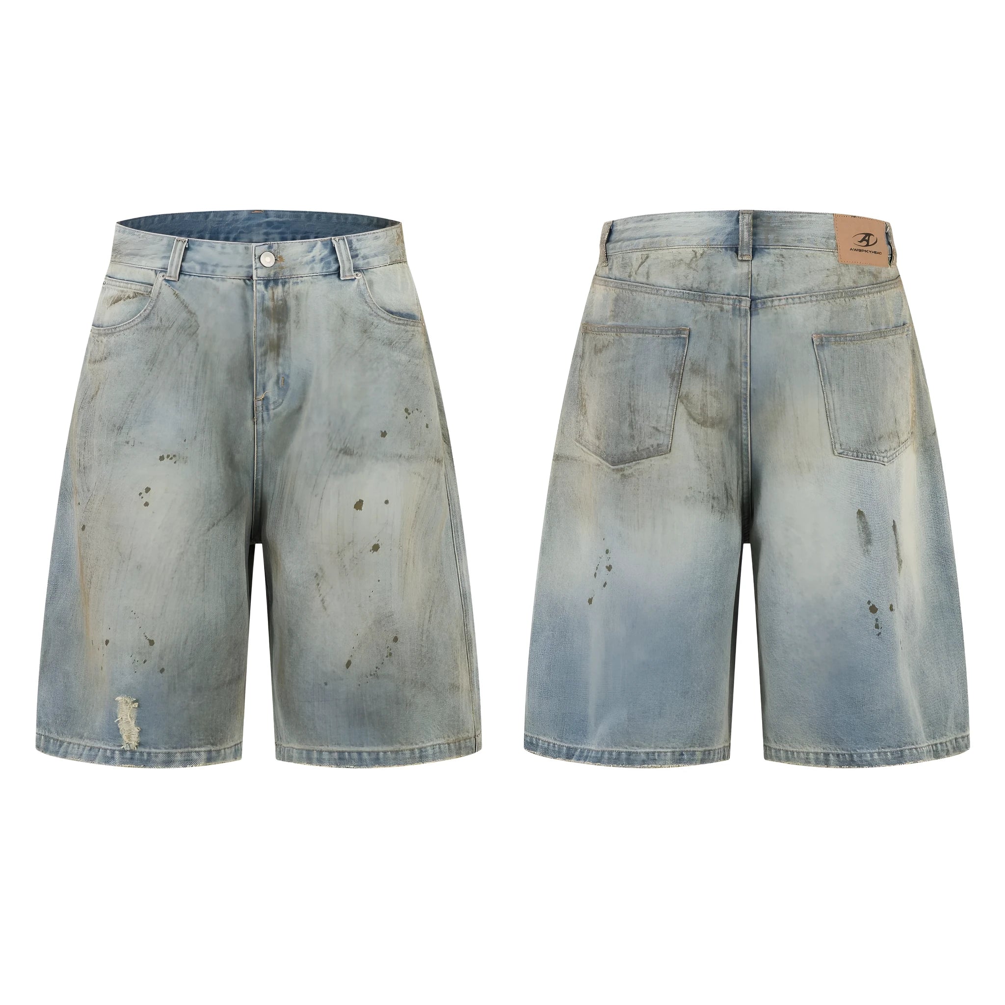 Blue cropped denim trousers with a straight leg and zip fly on a hanger