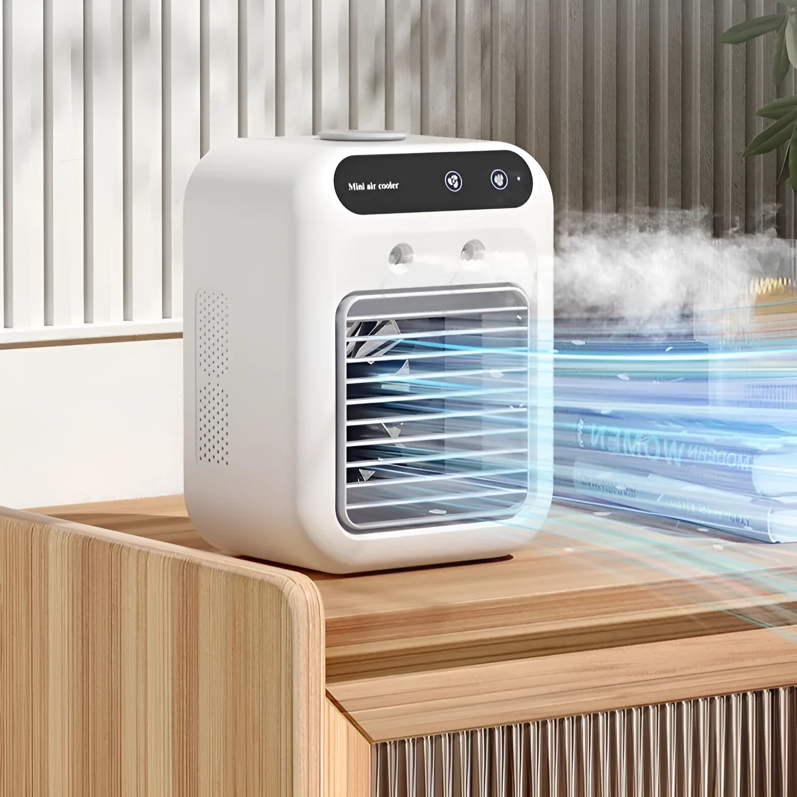 Ivory white portable USB air cooler fan with touchscreen controls and water tank