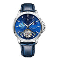 Men's blue dial automatic mechanical watch with stainless steel case, model T885B.