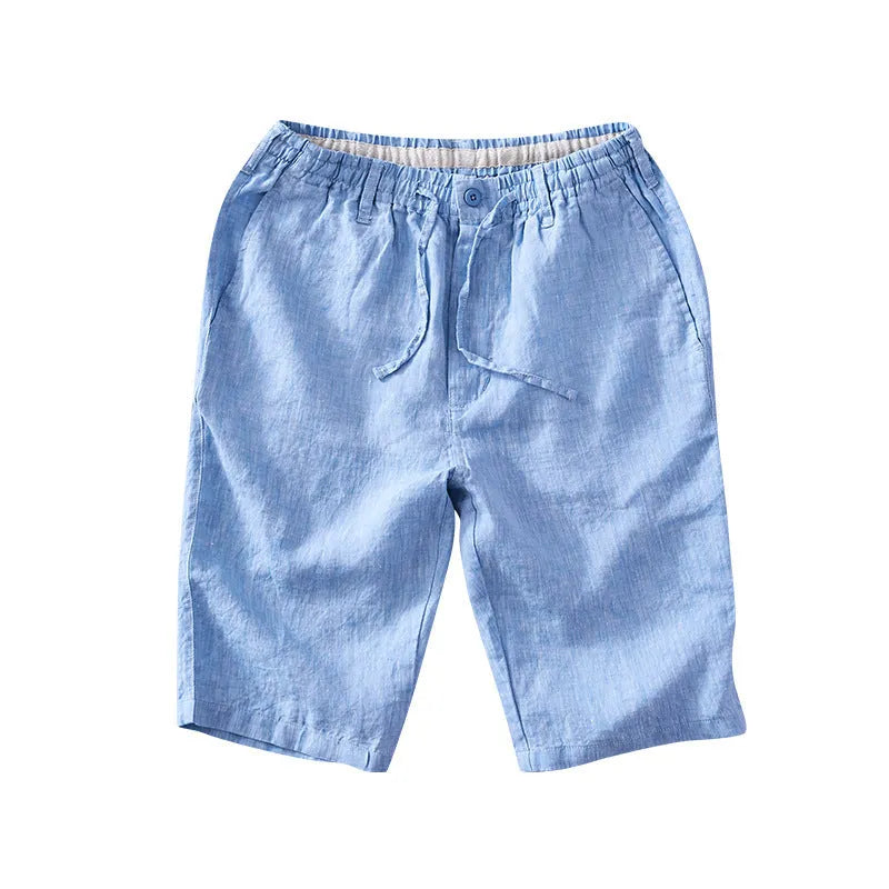 Men's linen capri trousers in loose straight-leg fit showing colour options including white, gray, black and blue tones