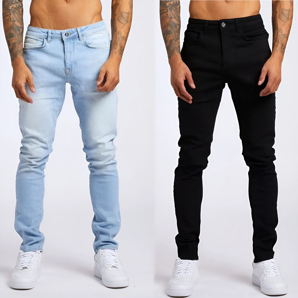 Men's slim fit high waist cotton jeans in light blue or black, sizes 28 to 36
