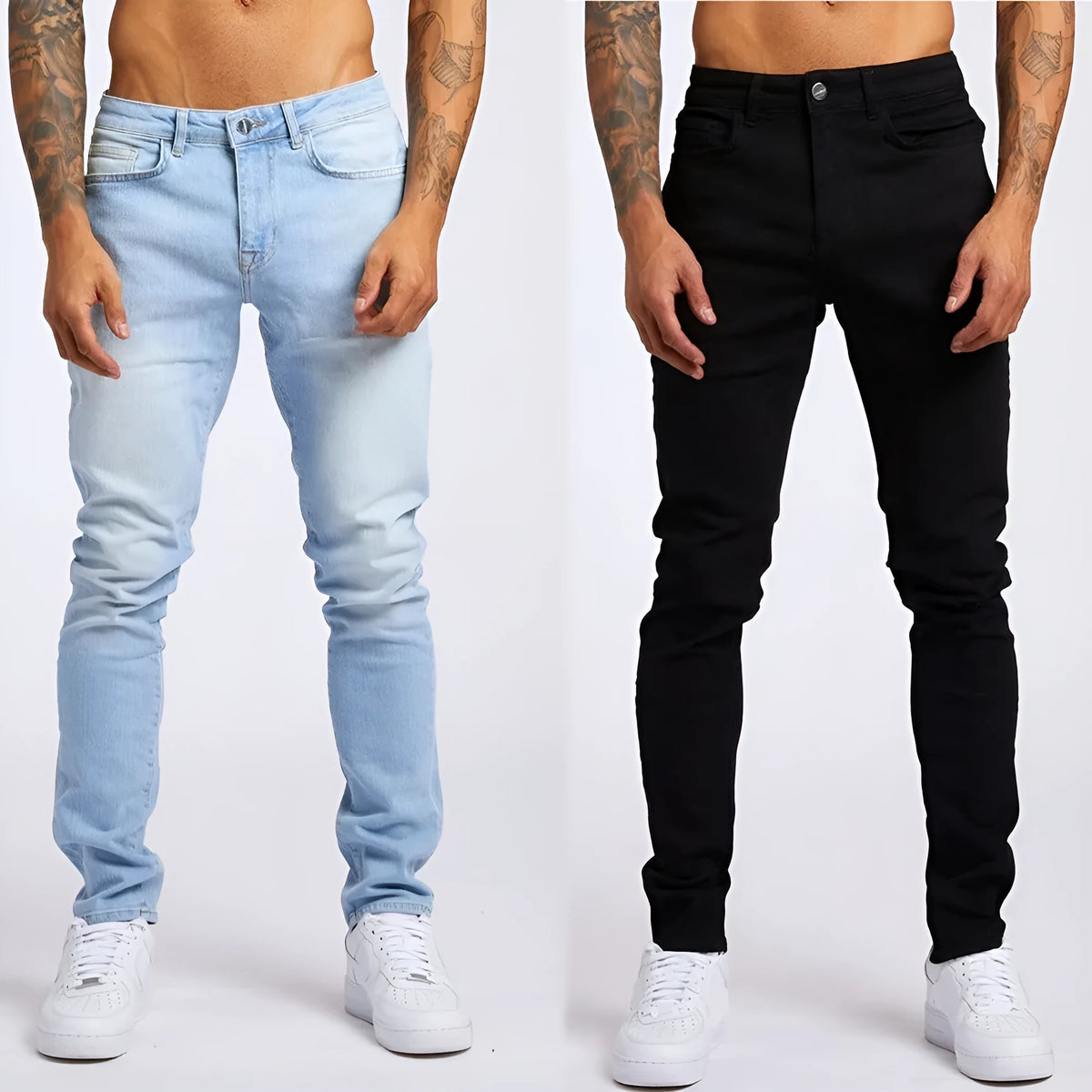 Men's slim fit high waist cotton jeans in light blue or black, sizes 28 to 36