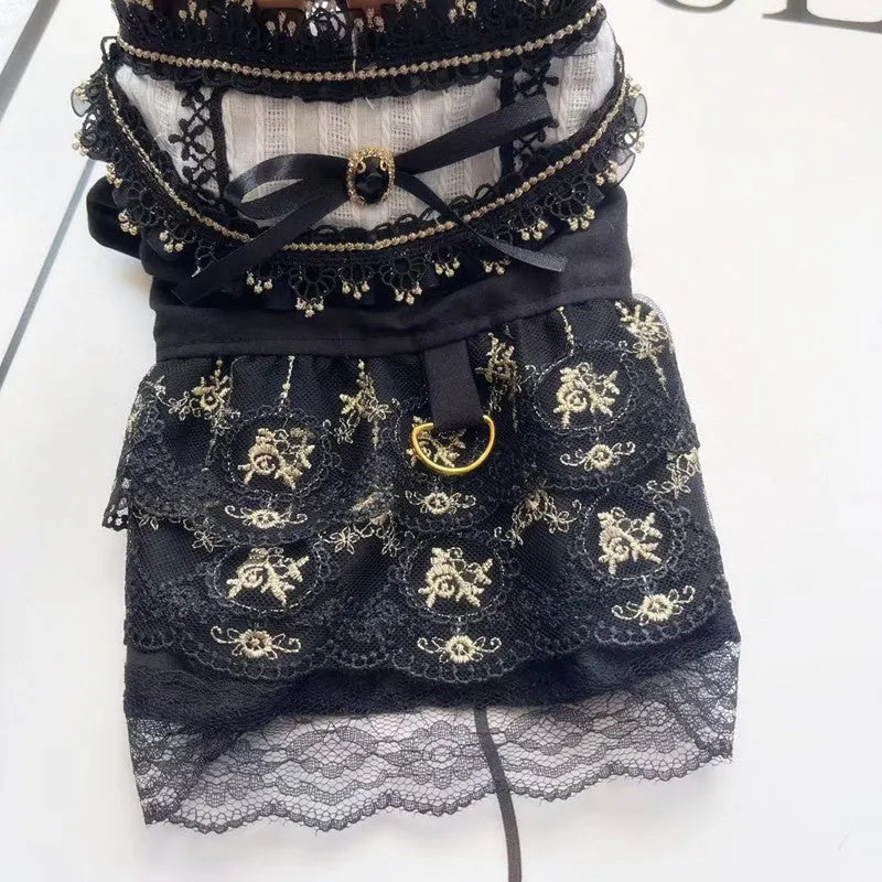 Golden gothic-style skirt costume on a small dog, showing the full princess silhouette and detailed sizing.