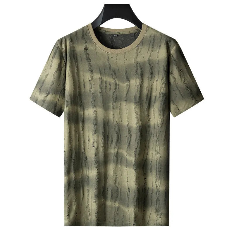 Gray plus-size men's loose-fit t-shirt with round neck and short sleeves on a hanger.