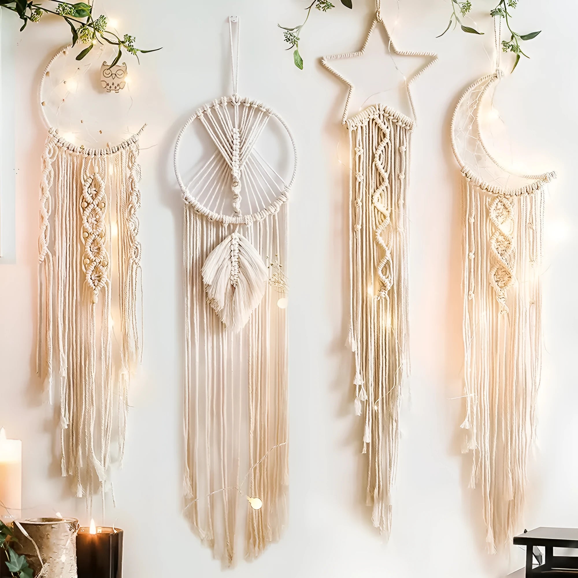 Handmade woven dreamcatcher hanging lamp with light 90cm long cotton thread