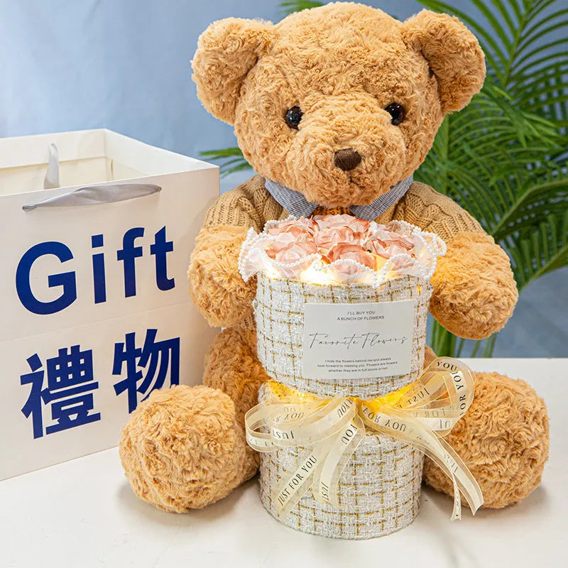 Plush bear doll with soap flower eternal rose bouquet in acrylic case 30cm height