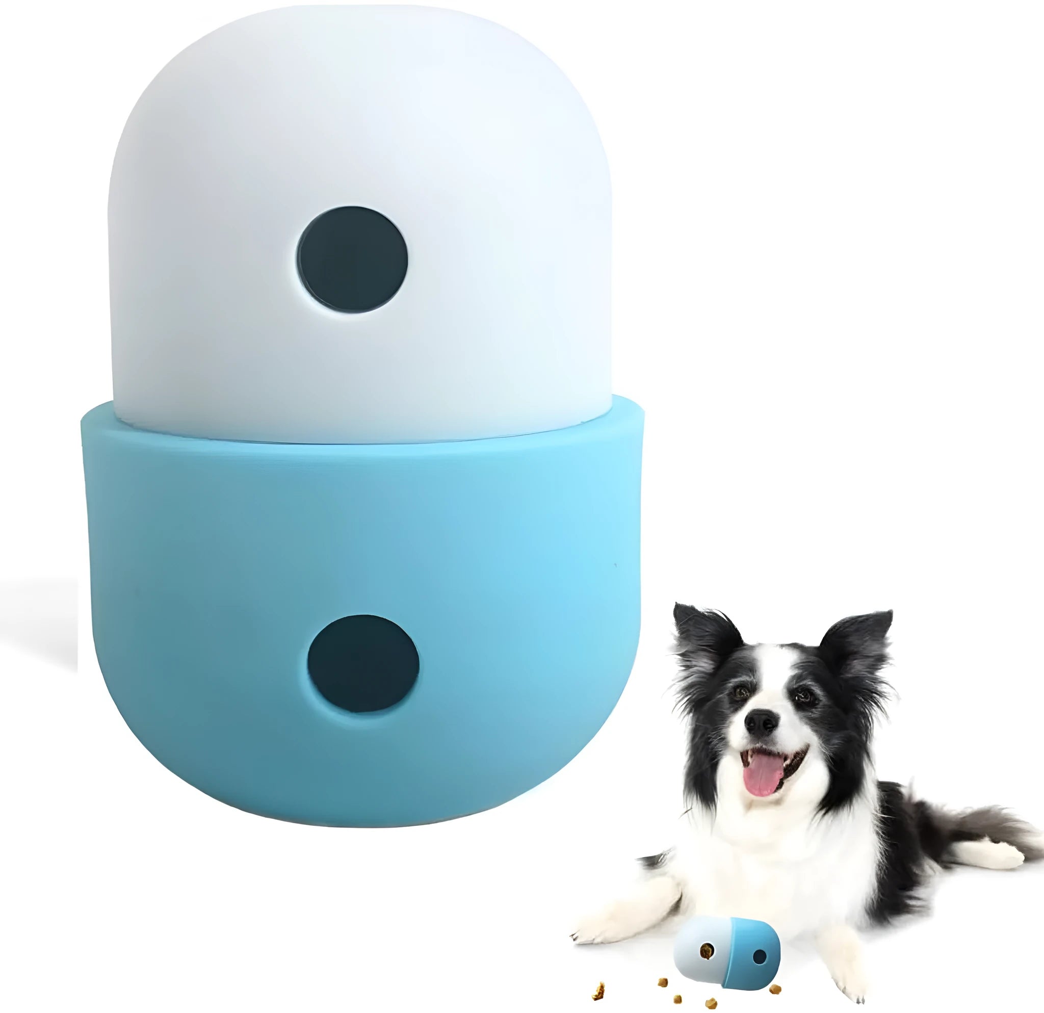 White and blue dog treat puzzle ball with detachable section for small medium dogs