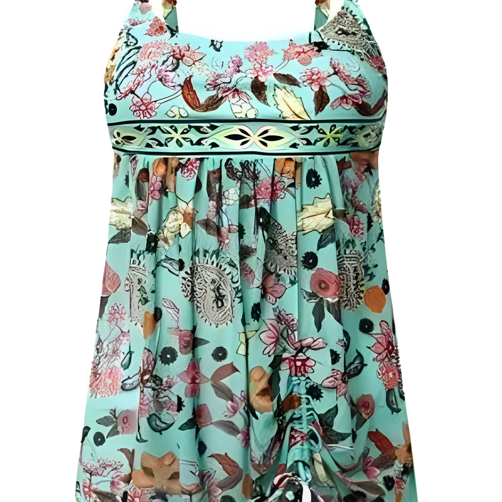 Conservative one-piece floral swimsuit in emerald green polyester with sleeveless design, available in sizes S to XXL