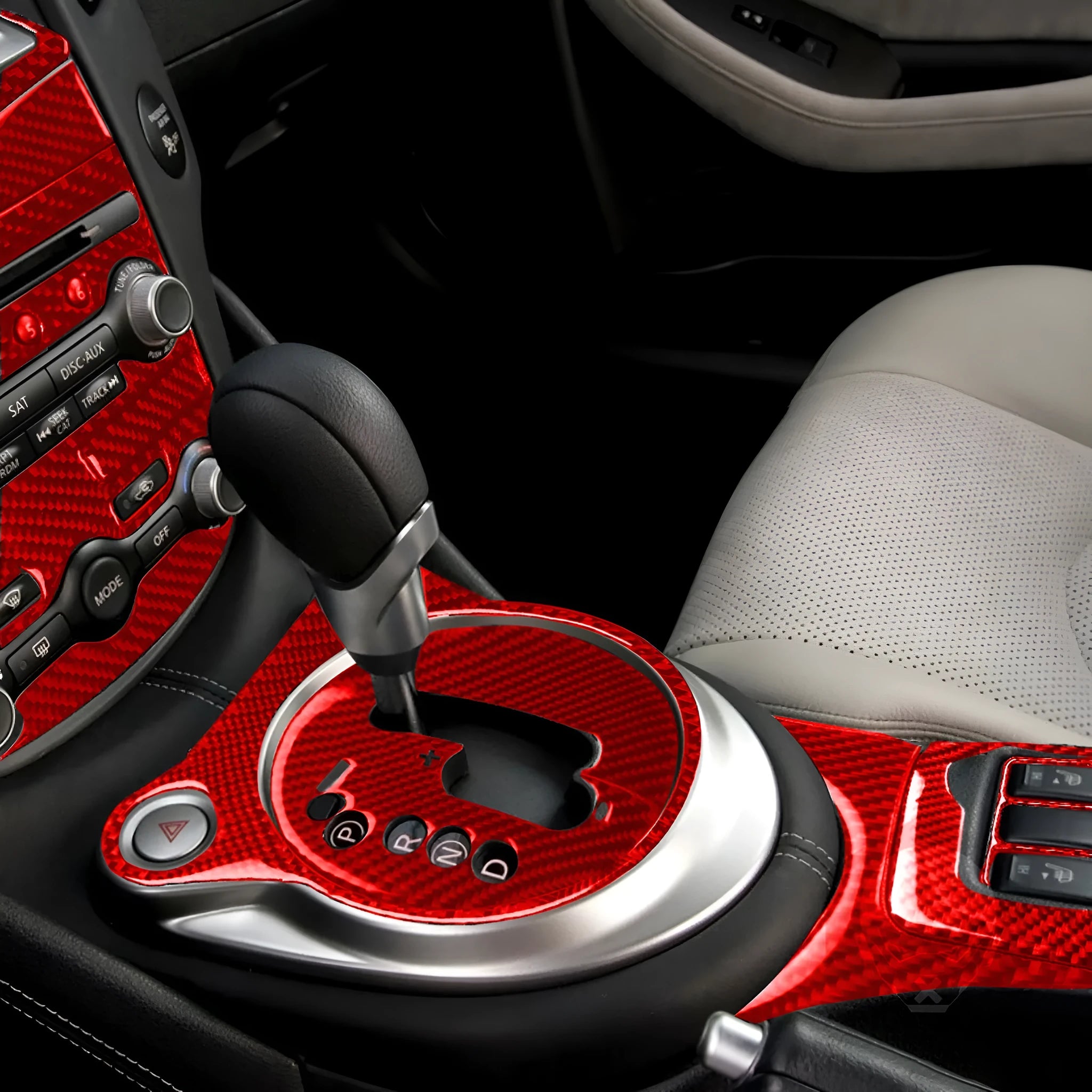 Carbon fibre central control gear trim set for Nissan 370Z 10 pieces red 232mm x 172mm