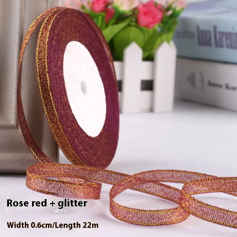 0.6cm wide polyester gift packaging ribbon roll in multiple colour options including gold leaf and jade pink