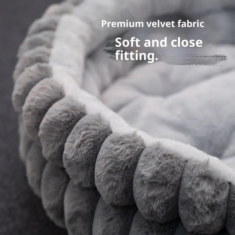Round plush cloth cat bed with straight rabbit design, available in 40cm, 50cm and 60cm diameters and four colours