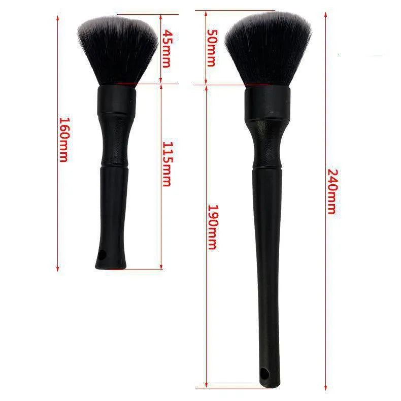 Black car detailing brush with PP handle and pig hair bristles showing 240mm and 160mm size options