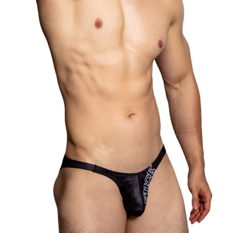 Low waist black triangle shorts with white letters print, shown flat.