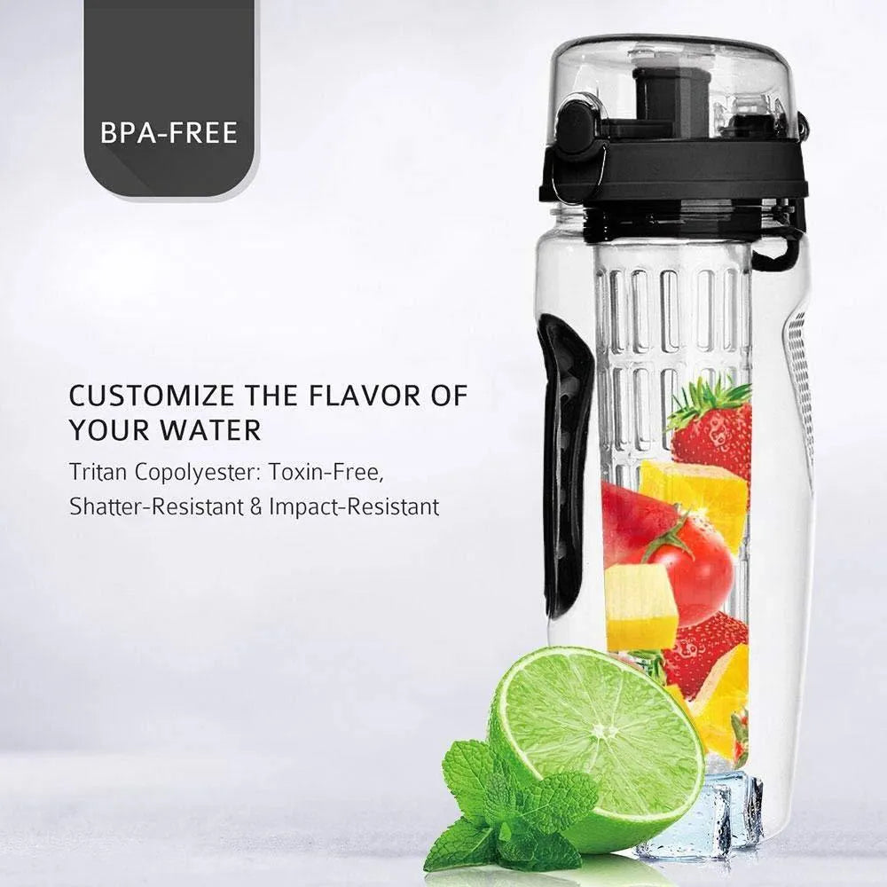 32oz Tritan fruit infuser water bottle with fruit cup compartment in multiple style options