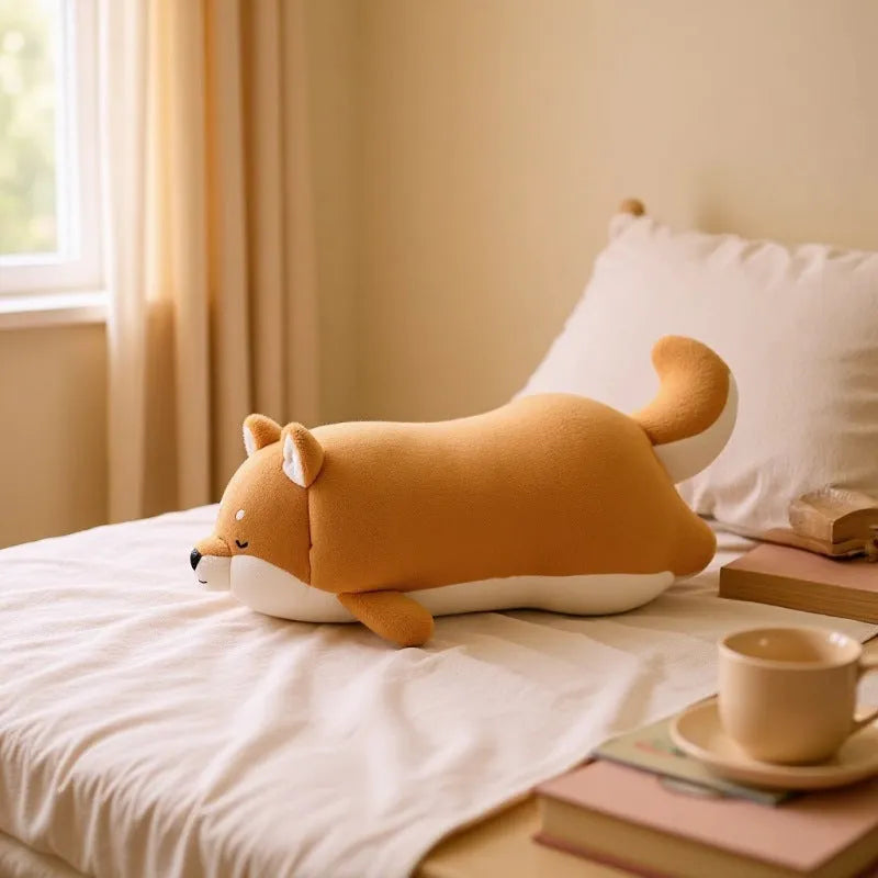 Chocolate coloured Shiba Inu plush doll toy with super soft short plush fabric, available in multiple sizes