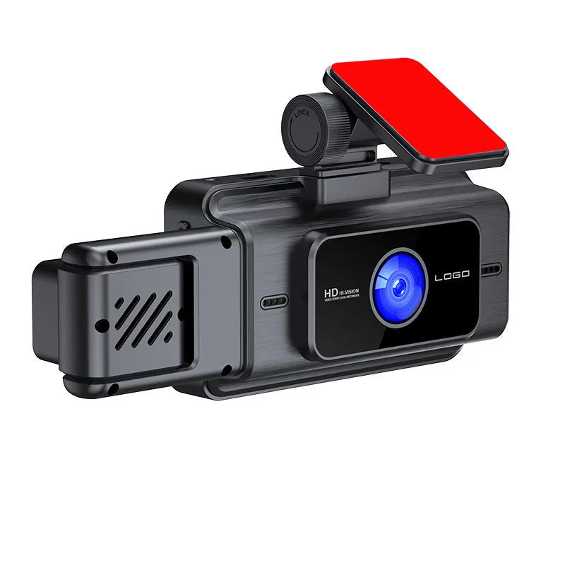 Black 3-lens front windscreen car dash cam with a 3-inch screen, showing dimensions of 7.3 by 11.1 by 15.3 centimetres.