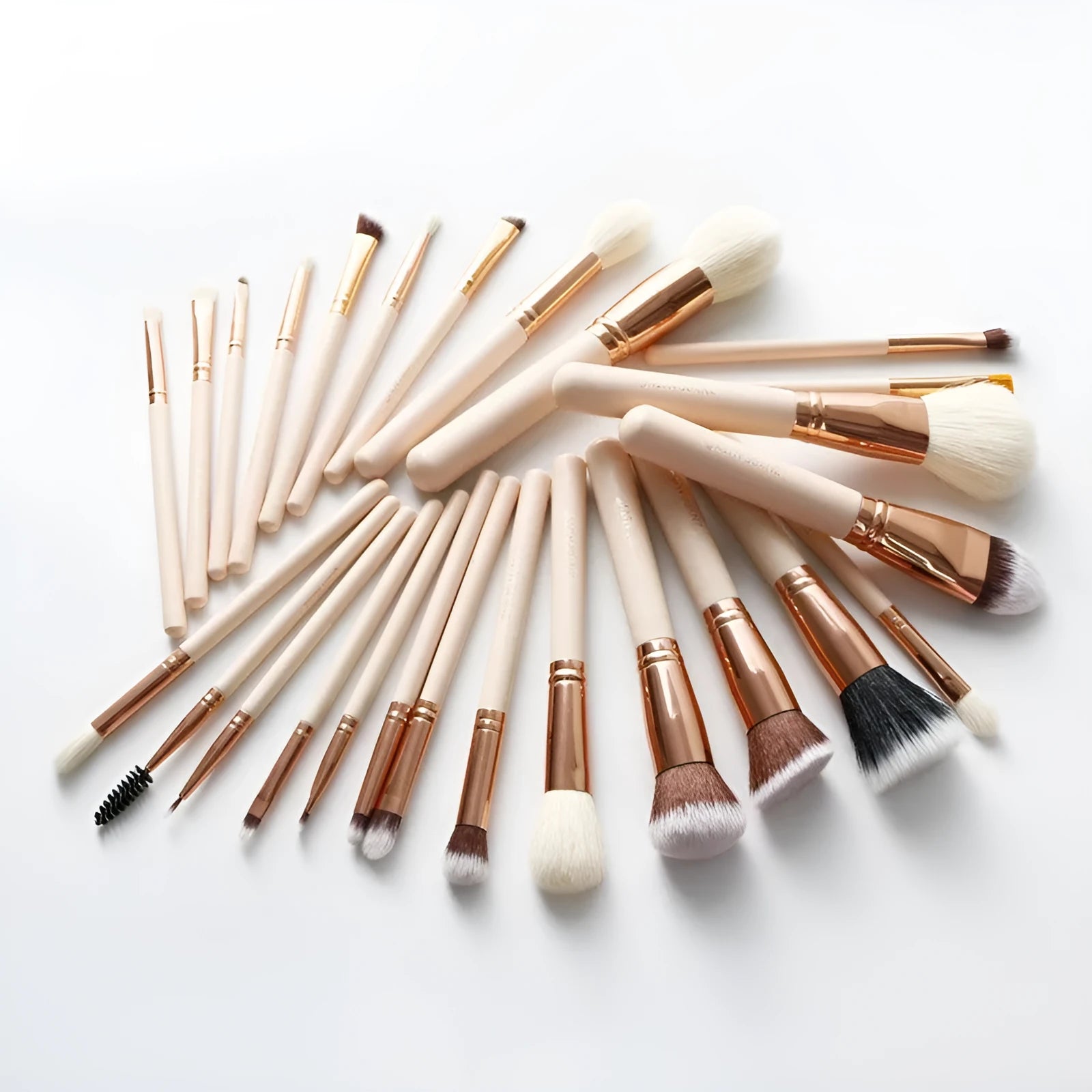 26-piece pink makeup brush set with wooden handles and wool brush hairs in PU storage bag