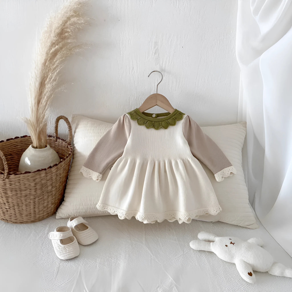 Cotton knitted dress skirt for girls in light beige solid colour with princess design