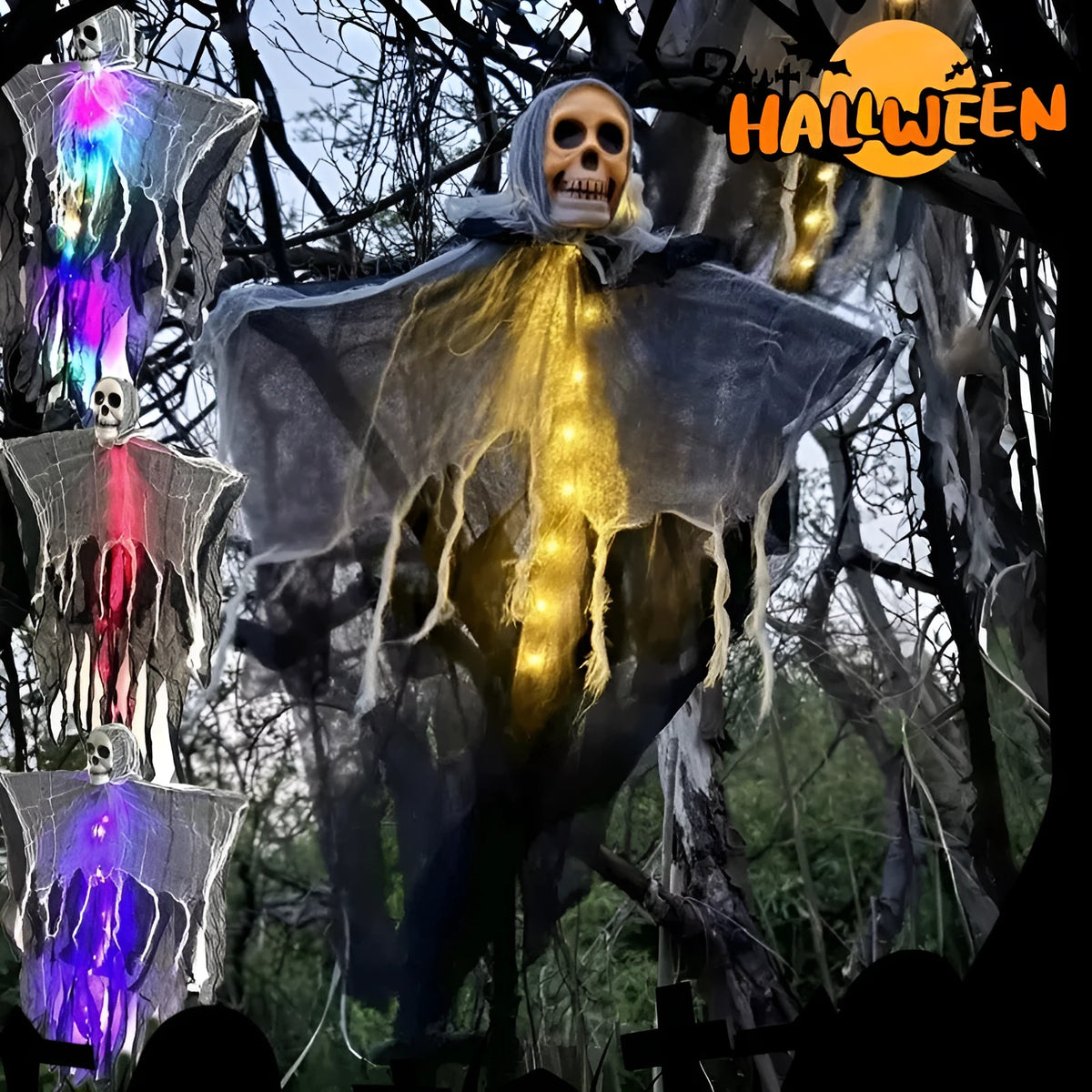 85cm Halloween hanging ghost prop in Colour, Purple, Red or Warm Colour, made from plastic, wrought iron, foam and cloth