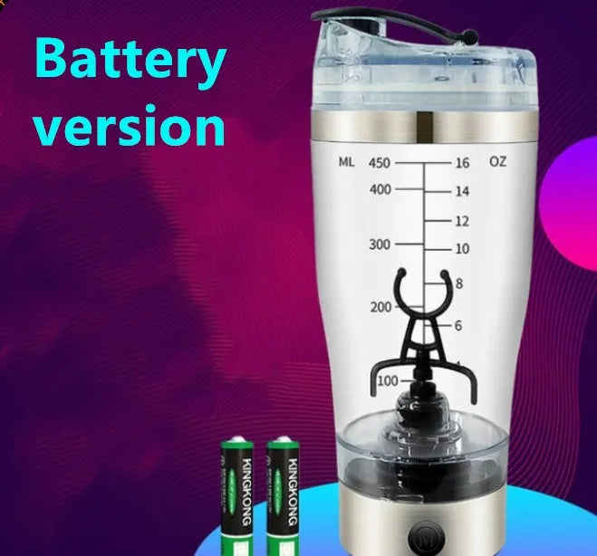 Stainless steel coloured electric shaker bottle with USB charging port for mixing protein shakes.