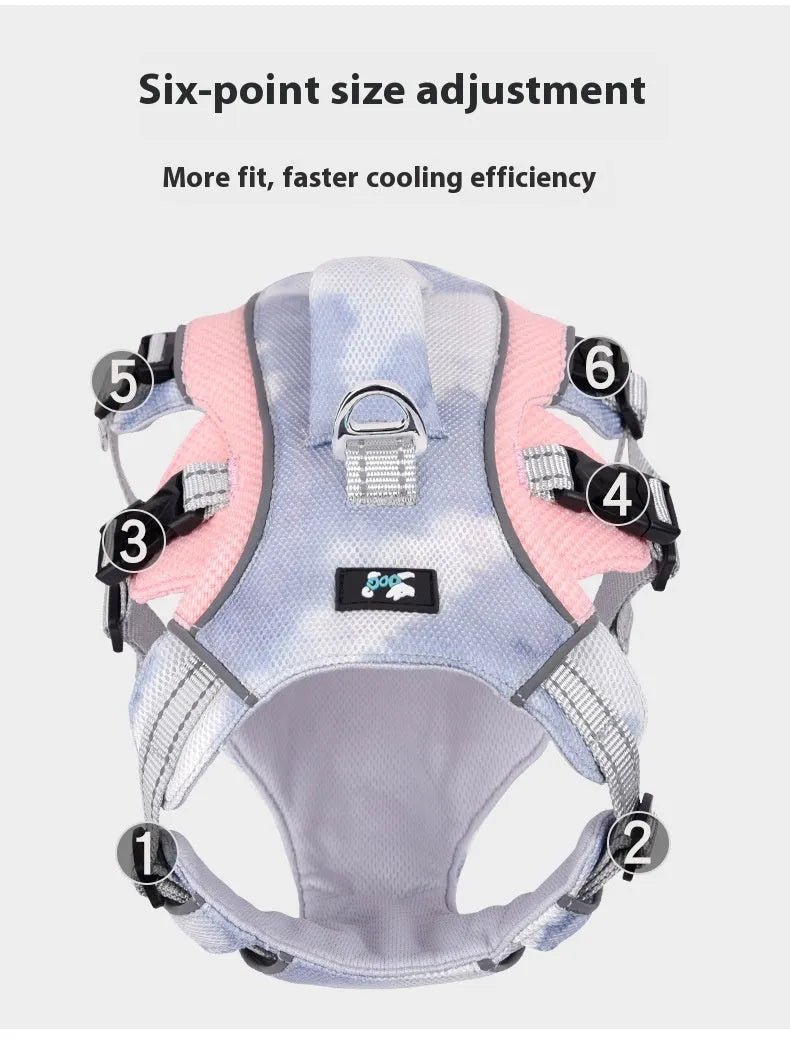 A light blue reflective dog cooling vest harness with a chest strap on a small dog