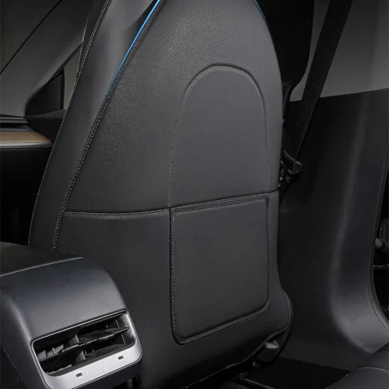 Two black leather rear anti kick pads for car seat back protection.