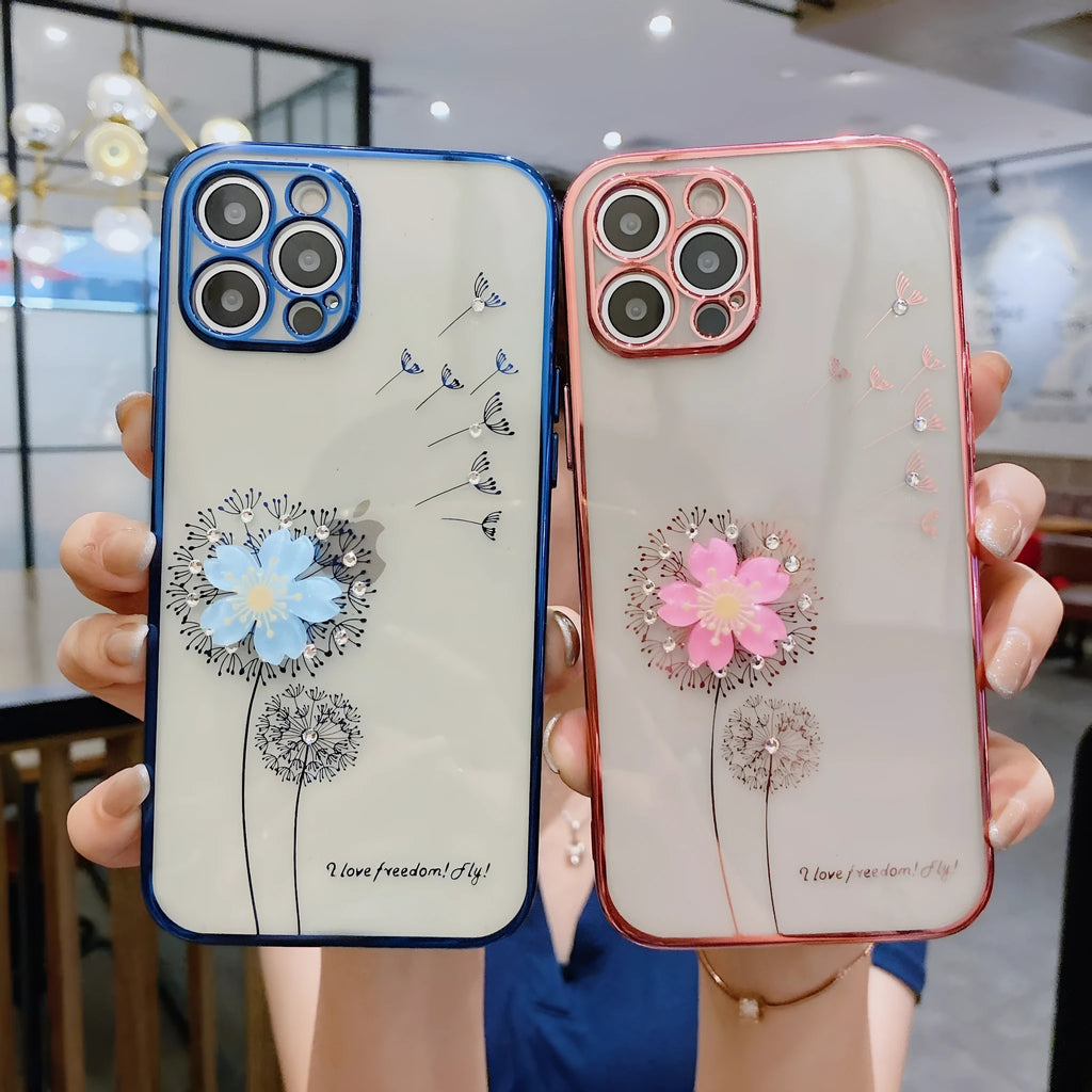 Green iPhone case with 3D floral design and a rotating kickstand extended from the back.