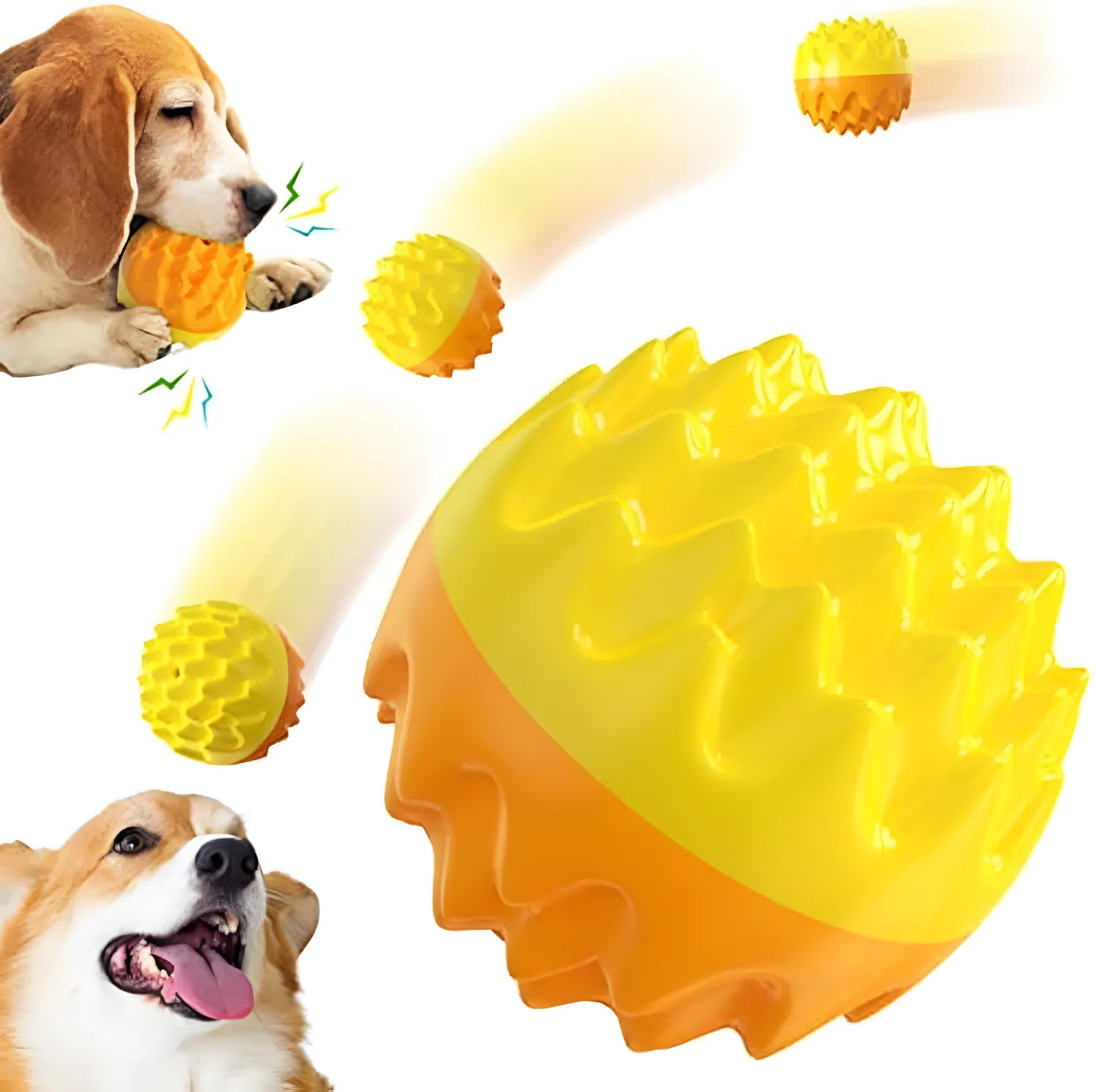 Blue and orange squeaky rubber dog ball with spiky texture for teeth cleaning.