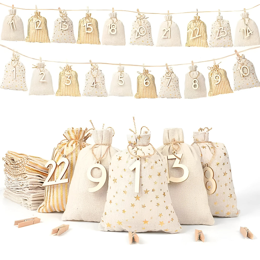 Christmas cotton and linen drawstring bags with digital tags 1-24, clips, hanging ropes, and hemp rope in 10x15cm and 13x18cm sizes