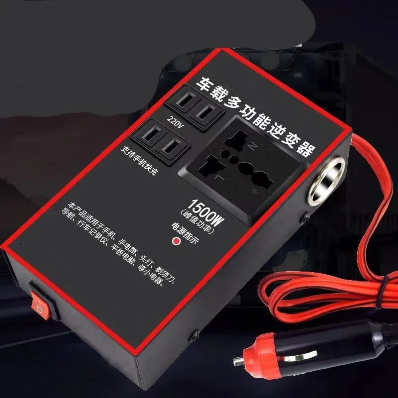 Black automotive power converter converting 12V 24V vehicle power to 220V with UK socket and USB ports
